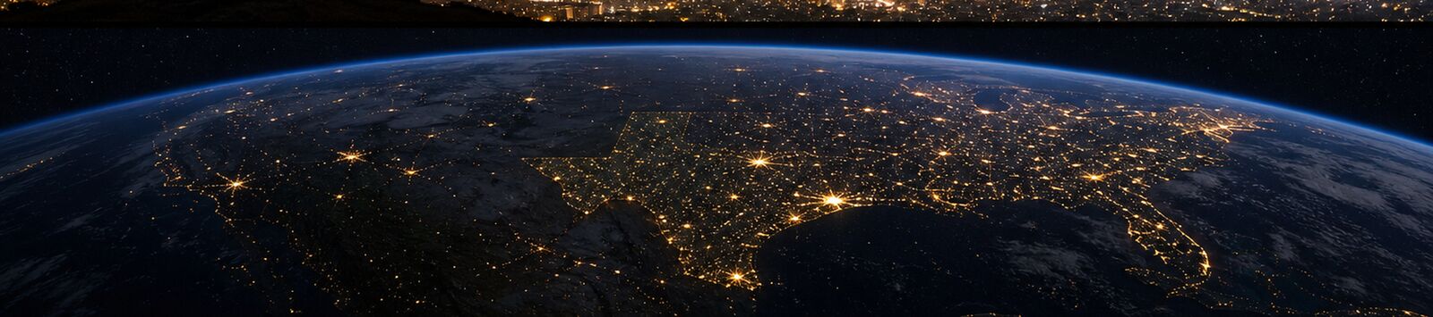 Texas seen from orbit at night, its cities glowing against the dark